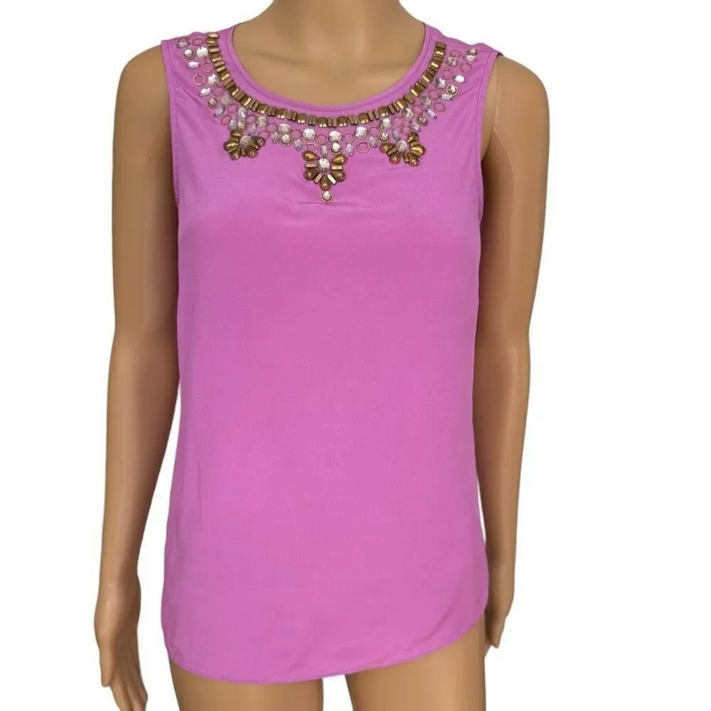 Lilly Pulitzer beaded neckline 100% silk pink/purple blouse size XS